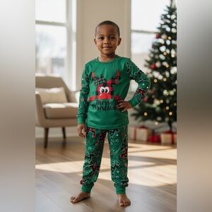 Festive Green Kids Pajama Set with Reindeer and Tree Design (5-6 yrs)